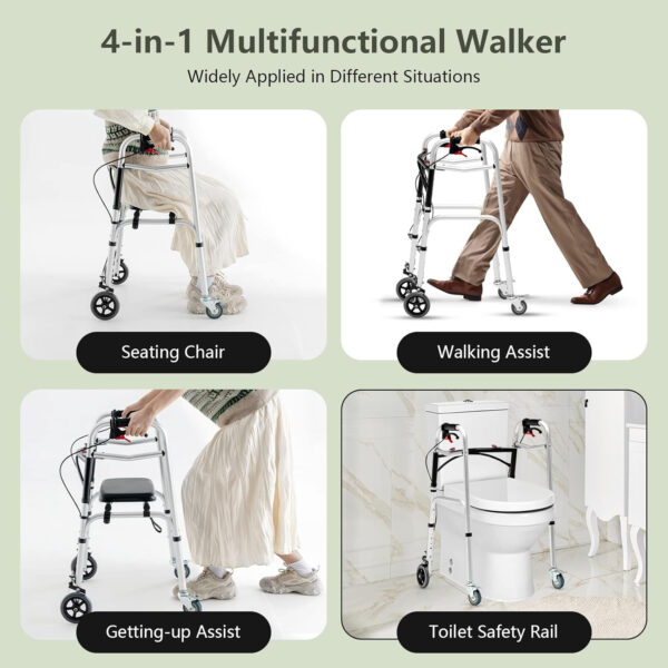 Goplus Walkers for Seniors, 4-in-1 Folding Walker with 5’’ Wheels, Detachable Seat, Height Adjustable Stand Up Walker, Medical Walking Mobility Aid, 350lbs Rolling Walker for Adult Bariatric Handicap