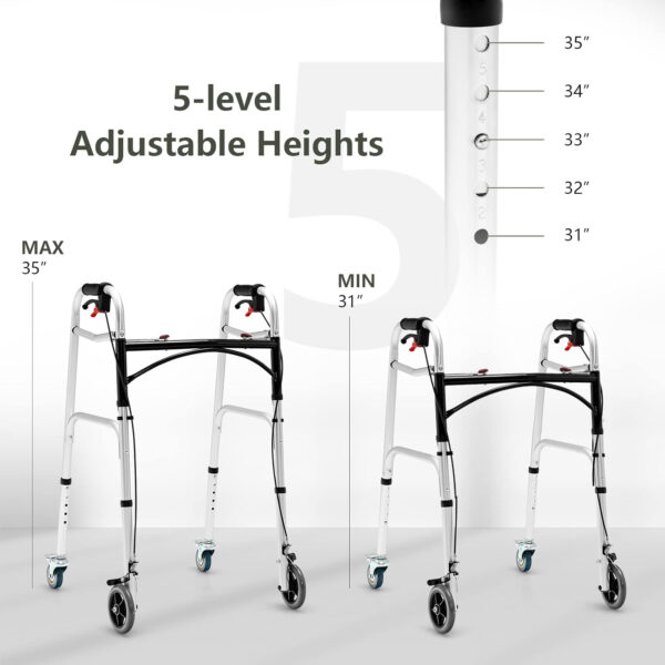 Goplus Walkers for Seniors, 4-in-1 Folding Walker with 5’’ Wheels, Detachable Seat, Height Adjustable Stand Up Walker, Medical Walking Mobility Aid, 350lbs Rolling Walker for Adult Bariatric Handicap