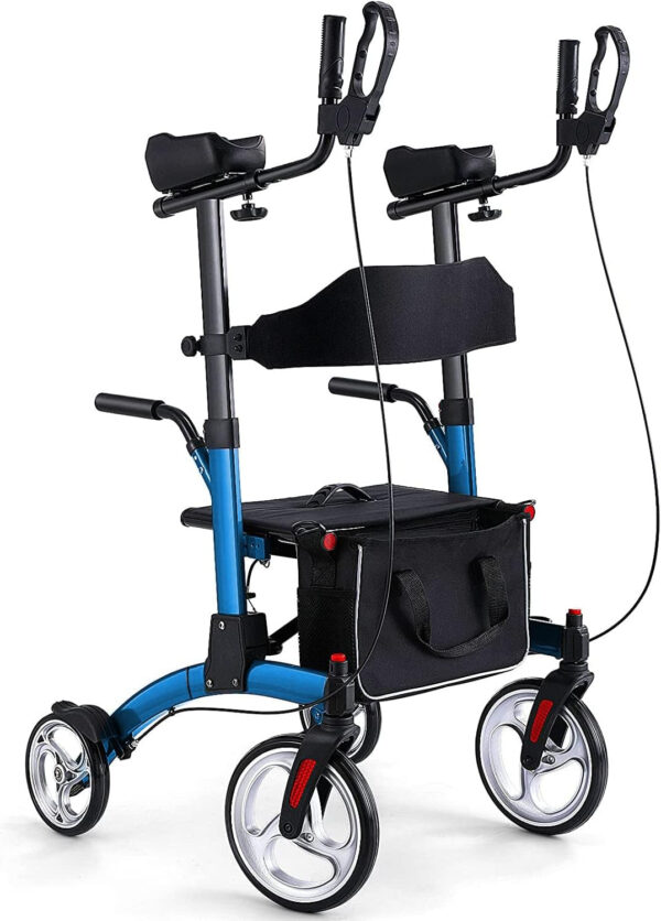 Upright Rollator Walkers for Seniors- Stand up Rolling Walker with Seats and 10″ Wheels, Padded Armrest and Backrest,Tall Rolling Mobility Aid with Basket, Foam Handle to Stand up Blue