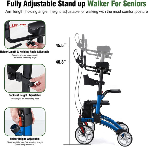 Upright Rollator Walkers for Seniors- Stand up Rolling Walker with Seats and 10″ Wheels, Padded Armrest and Backrest,Tall Rolling Mobility Aid with Basket, Foam Handle to Stand up Blue