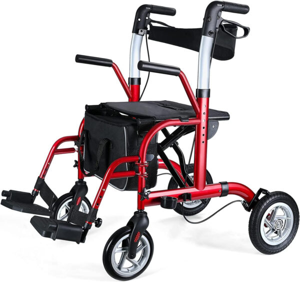 2 in 1 Rollator Walker for Seniors-Medical Walker with Seat,Folding Transport Wheelchair Rollator with 10″ Big Pneumatic Rear Wheels,Reversible Soft Backrest and Detachable Footrests