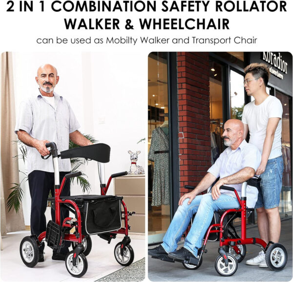 2 in 1 Rollator Walker for Seniors-Medical Walker with Seat,Folding Transport Wheelchair Rollator with 10″ Big Pneumatic Rear Wheels,Reversible Soft Backrest and Detachable Footrests