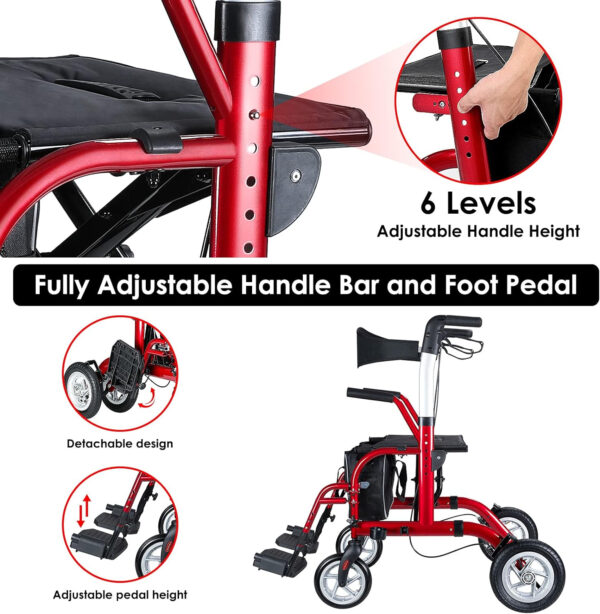 2 in 1 Rollator Walker for Seniors-Medical Walker with Seat,Folding Transport Wheelchair Rollator with 10″ Big Pneumatic Rear Wheels,Reversible Soft Backrest and Detachable Footrests