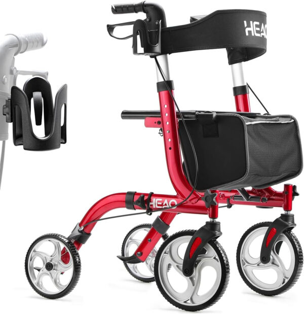 HEAO Rollator Walker for Seniors,10″ Wheels Walker with Cup Holder,Padded Backrest and Compact Folding Design,Lightweight Mobility Walking Aid with Seat,Red