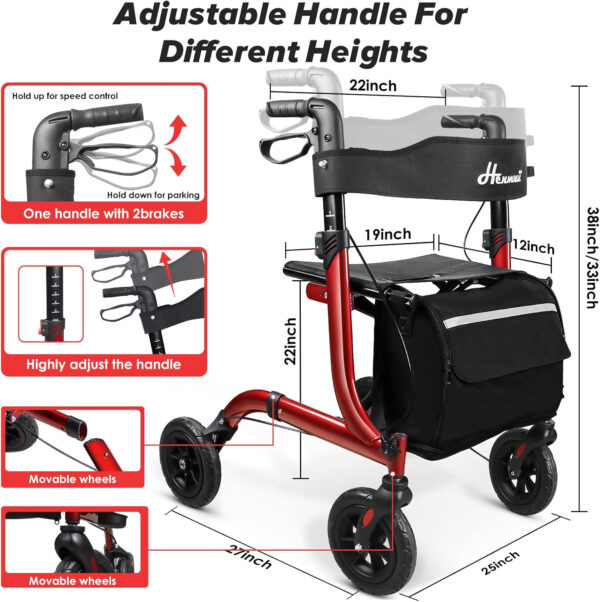 Rollator Walker for Seniors, Lightweight Foldable All Terrain Rolling Walker with seat, Aluminum Walkers with 8 inch Rubber Wheels, Handles and Backrest for Seniors and Adult