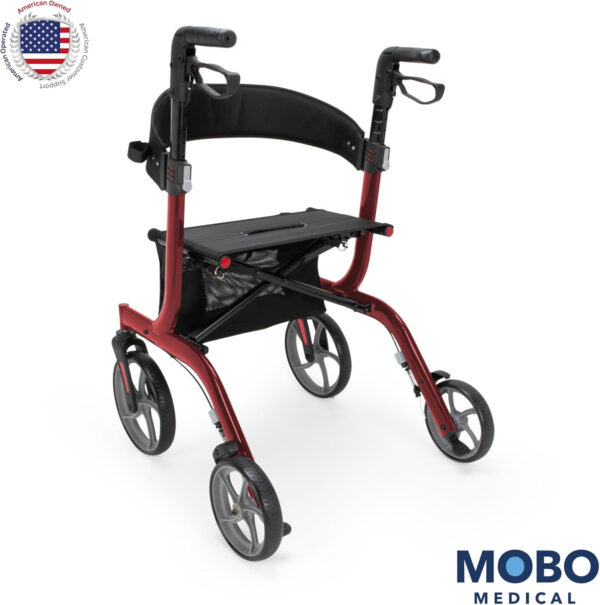 Lightweight Foldable Rollator Walker with Adjustable Handles, 300 lbs Capacity – Free Large Rollator Bag & Cane Holder (Red)