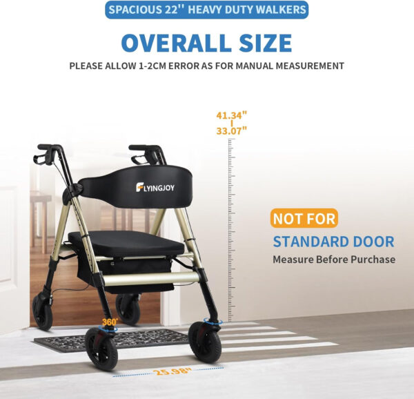 Heavy Duty Rollator Walker for 450 lbs Large People, 4-Wheels Folding Rolling Walker with Extra Spacious Seat, NOT for Standard Door 26″ Wide, a bit Bulky for Lightweight Elderly (Champagne)