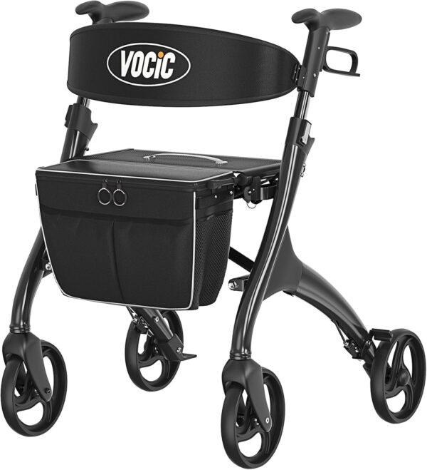 Walker with Seat for Seniors, VOCIC Heavy Duty Walker 4 Wheel Rollator for Seniors, Aluminum Folding Rolling Walker w/Seat-rest, Pouch, Backrest-Inky Black