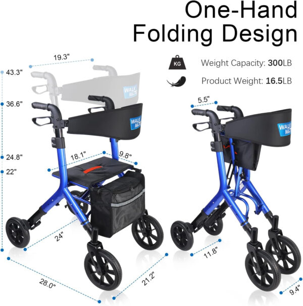 Rollator Walker for Seniors Taller 5.3~7ft with Height-Adjustable Seat, 10 Inch Wheels Wire-Hidden Walkers Compact Folding Design Lightweight Mobility Walking Aid Widen Backrest, Blue