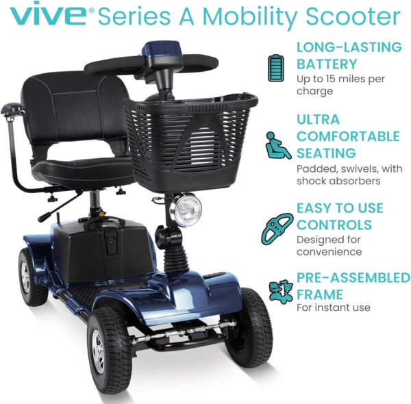 Vive Mobility Scooter (Series A) – 4 Wheel Electric Powered Wheelchair Mobile Device for Adults, Seniors – TSA Approved Wheel Chair, Compact, Travel – Long Range Battery, Shock Absorbing (Blue)