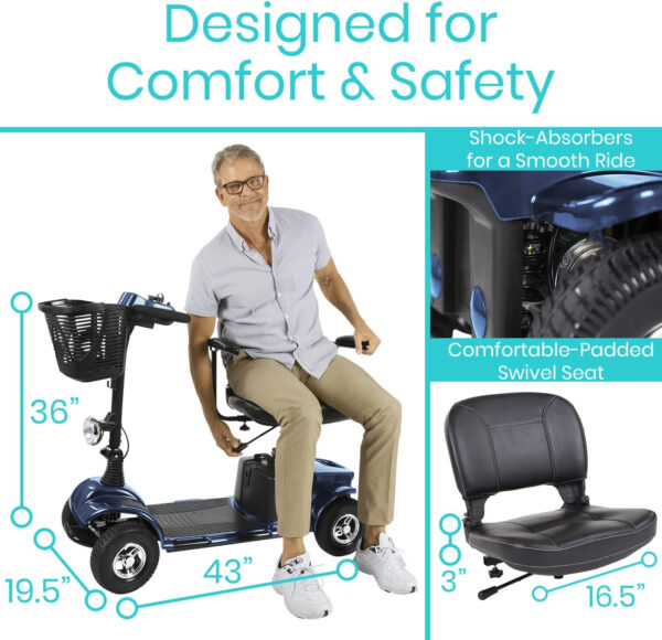 Vive Mobility Scooter (Series A) – 4 Wheel Electric Powered Wheelchair Mobile Device for Adults, Seniors – TSA Approved Wheel Chair, Compact, Travel – Long Range Battery, Shock Absorbing (Blue)