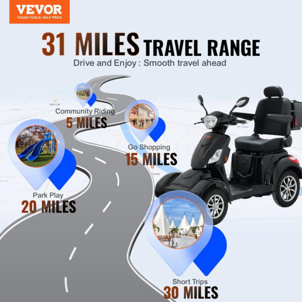 VEVOR Sturdy 4-Wheel Electric Scooters for Adults & Elderly, 500lbs Support – 31 Miles Range, 3-Speed, 800W, All-Terrain and Recreational Wheelchair with 25° Climbing Ability