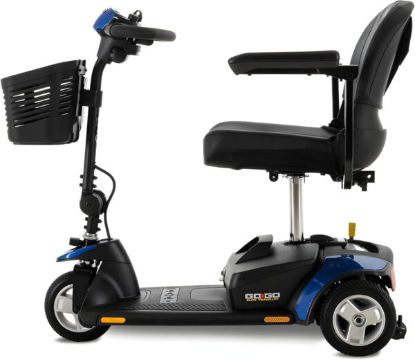 Pride Mobility Go Go Elite Traveller 3-Wheel Scooter – Travel Mobility for Adults, 18 Ah Battery, 300 Lbs Weight Capacity, Blue, Seat Dimensions – 17″ W x 17″ D – SC40E-18AH