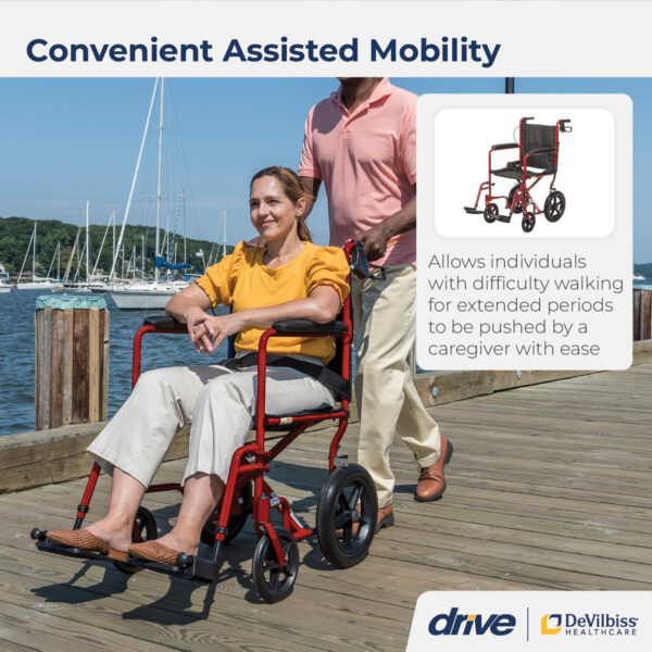 Drive Medical EXP19LTRD Lightweight Expedition Folding Transport Wheelchair with Hand Brakes, Ultra Lightweight Transport Chair for Seniors and Adults, Red