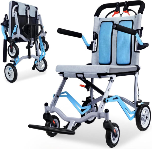 Folding Transport Wheelchair for Seniors Weight Only 19lbs，Lightweight Wheelchairs for Adults Support 220lbs Blue