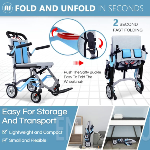 Folding Transport Wheelchair for Seniors Weight Only 19lbs，Lightweight Wheelchairs for Adults Support 220lbs Blue