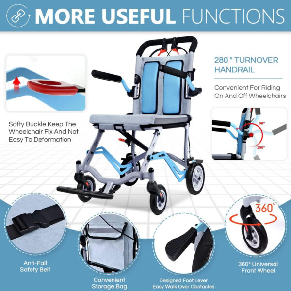 Folding Transport Wheelchair for Seniors Weight Only 19lbs，Lightweight Wheelchairs for Adults Support 220lbs Blue