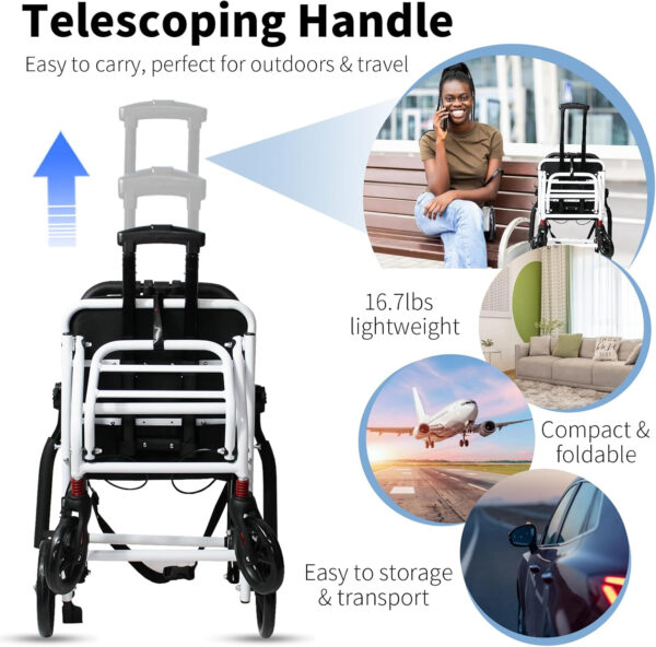 Lightweight Transport Wheelchair with Telescopic Handle, Folding Travel Wheelchairs for Adults Seniors Kids, Portable Padded Transport Chair with Travel Bag, Support 200lbs