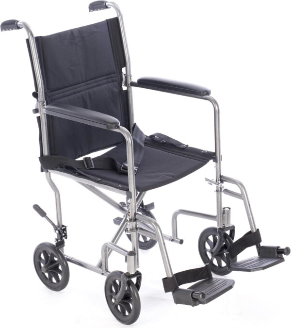 19” Transport Wheelchairs for Adults, Foldable and Lightweight – Silver Steel Frame Wheel Chair with Nylon Seats, Padded Armrests, and Swing Away Footrests