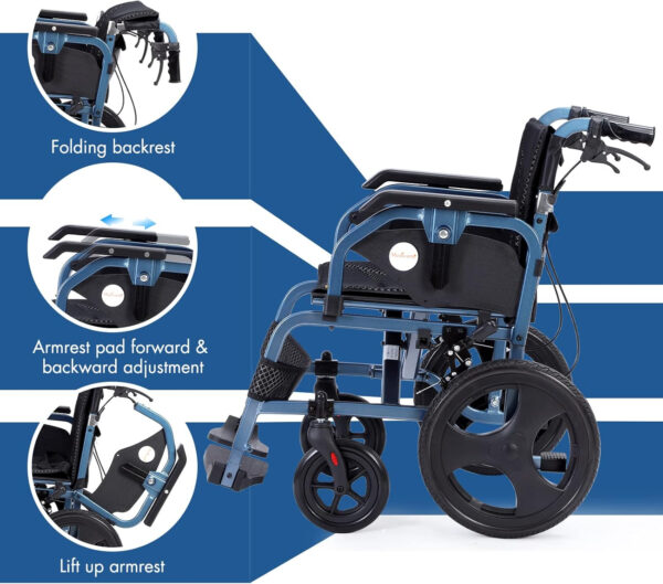 Foldable Lightweight Wheelchair with Handbrakes, Wheelchairs for Adults, Weights Only 28.5 lbs, Durable Square Tube and Flip Up & Height Adjust Armrest (15inch Rear Wheel)