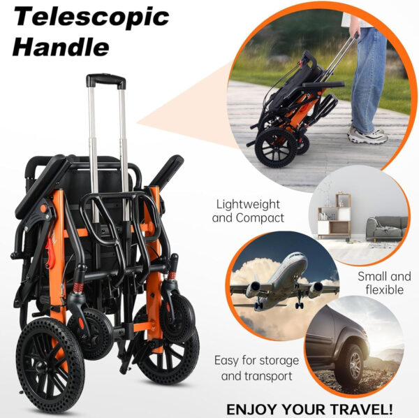 Super Lightweight Portable Transit Travel Wheelchair, Upgraded Folding Transport Wheelchairs (Weight 26.7lbs) for Adults and Seniors, Come with Telescopic Handle and Travel Bag