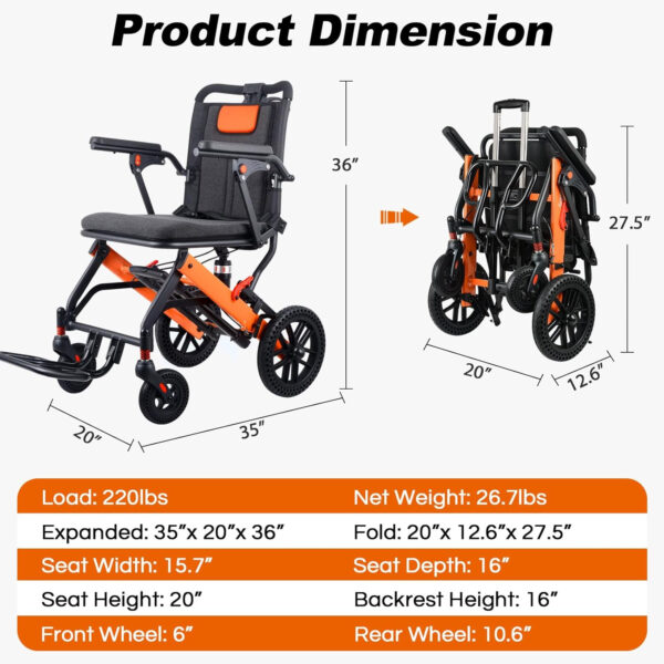 Super Lightweight Portable Transit Travel Wheelchair, Upgraded Folding Transport Wheelchairs (Weight 26.7lbs) for Adults and Seniors, Come with Telescopic Handle and Travel Bag