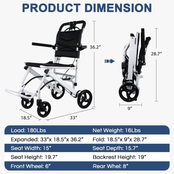 World’s Lightest (Only 16lbs) Portable Transit Travel Wheelchair, Folding Transport Wheelchairs for Adults and Seniors Support 180lbs, Lightweight Aluminum Wheelchair for Elderly