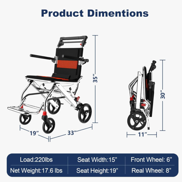 Portable Folding Transport Wheelchair Lightweight Foldable, Travel Wheelchair for Senior with Handbrakes, Breathable Cushions, Shock Absorption (8-Inch Rear PVC Wheels)