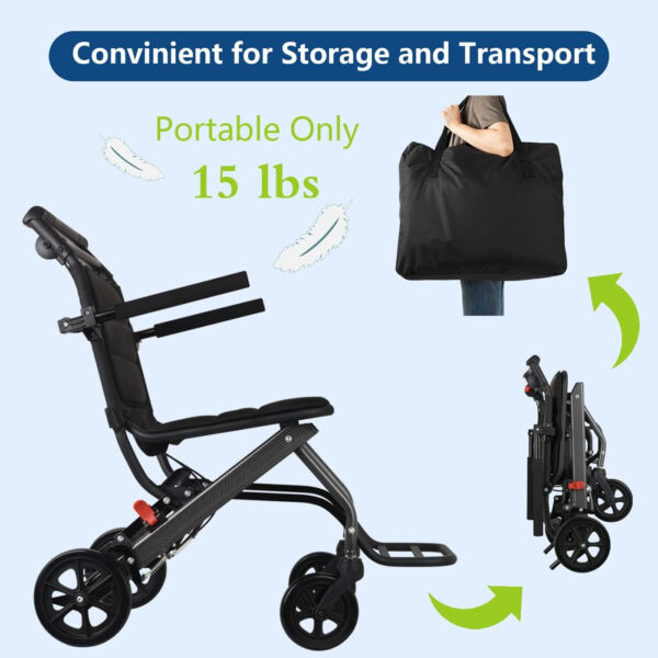 Ultra-Lightweight Transport Wheelchair, Only 15lbs, with Black Travel Bag, Folding Transport Wheelchair for Adults, Portable Travel Size