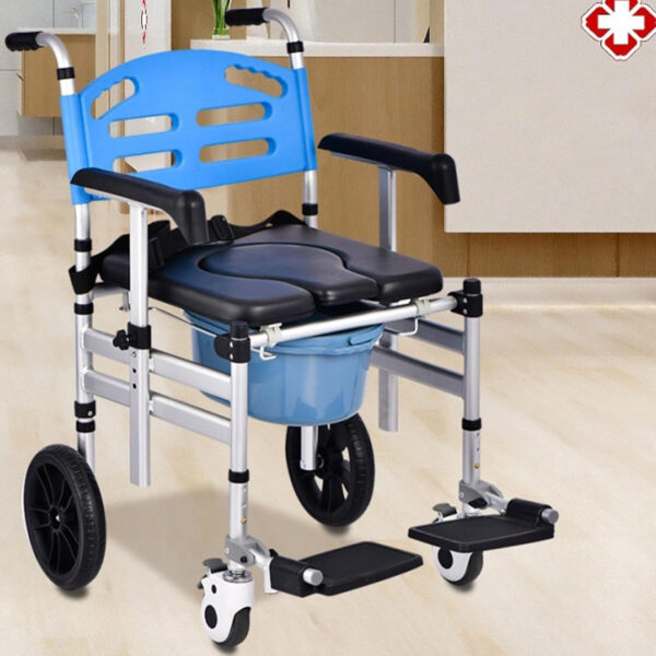 Rolling Shower Commode Chairs, Bedside Commode with Padded Seat and Arms, Front Locking Wheels, Transport Chair for Senior & Handicap, Safety Straps Included