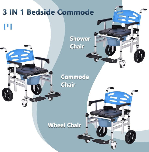 Rolling Shower Commode Chairs, Bedside Commode with Padded Seat and Arms, Front Locking Wheels, Transport Chair for Senior & Handicap, Safety Straps Included