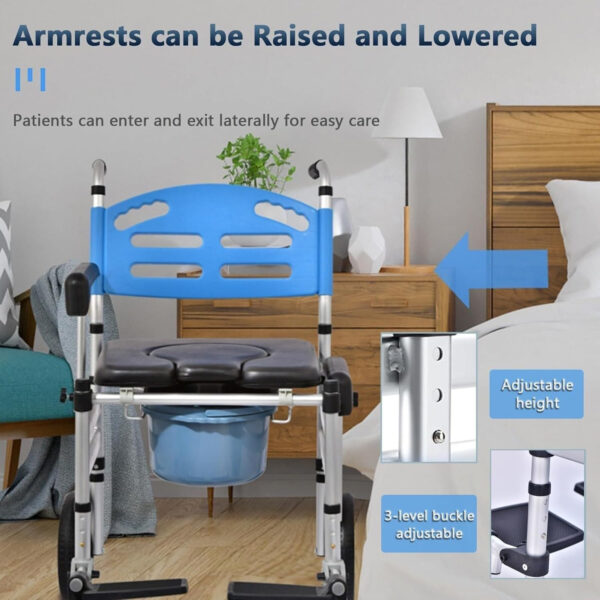 Rolling Shower Commode Chairs, Bedside Commode with Padded Seat and Arms, Front Locking Wheels, Transport Chair for Senior & Handicap, Safety Straps Included