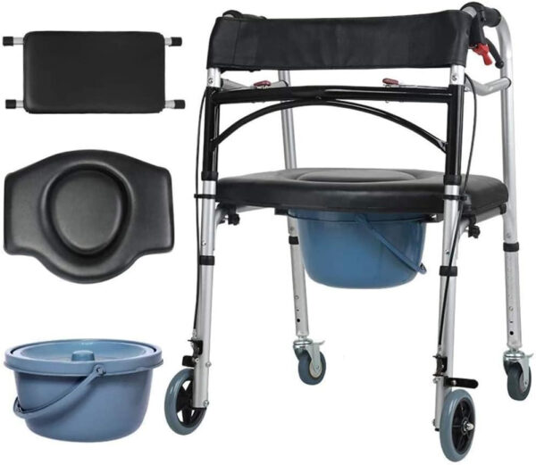 Commode Chairs with Wheels,Foldable Walker, Shower Transport Chair Commode Chair for Toilet Shower Chair with Wheels Rolling Shower Chair with Padded Toilet Seat for Handicap and Seniors (Black 80*90.