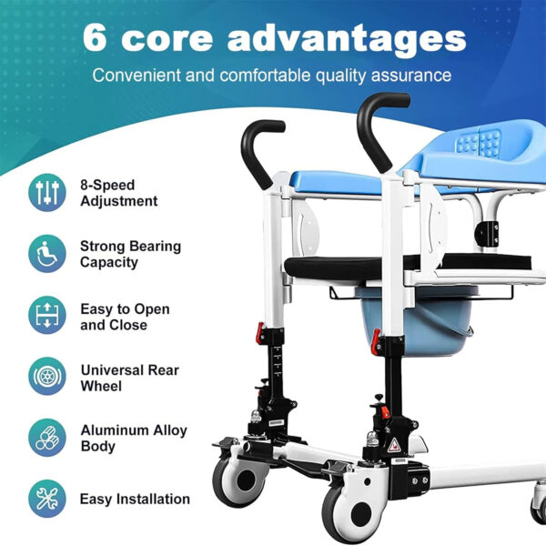 Patient Lift and Transfer Chair, Transport Chair Shower Chair with Soft Cushion and Toilet Seat, Portable Nursing Wheelchair Toilets Seat for Elderly Adults Seniors