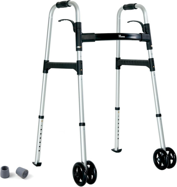 Folding Walker, Supports up to 500 lbs, Folding Walker with 5 Inches Wheels for Seniors, FSA/HSA Eligible Walker (Silver 500 lbs)