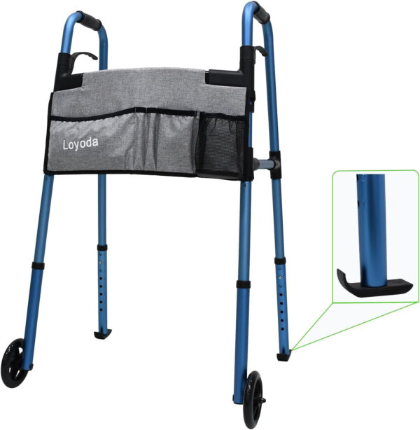 Folding Medical Walker 5” Front Wheel Lightweight Walker with Storage Bag and Skis Glides Height Adjustable Aluminum Compact Standard Walker for Seniors Handicap （Blue）