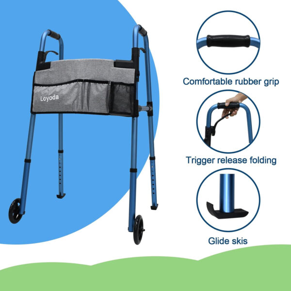 Folding Medical Walker 5” Front Wheel Lightweight Walker with Storage Bag and Skis Glides Height Adjustable Aluminum Compact Standard Walker for Seniors Handicap （Blue）