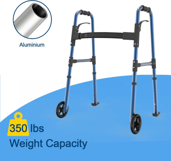 Folding Medical Walker 5” Front Wheel Lightweight Walker with Storage Bag and Skis Glides Height Adjustable Aluminum Compact Standard Walker for Seniors Handicap （Blue）