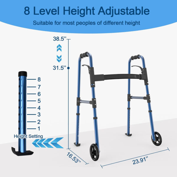 Folding Medical Walker 5” Front Wheel Lightweight Walker with Storage Bag and Skis Glides Height Adjustable Aluminum Compact Standard Walker for Seniors Handicap （Blue）