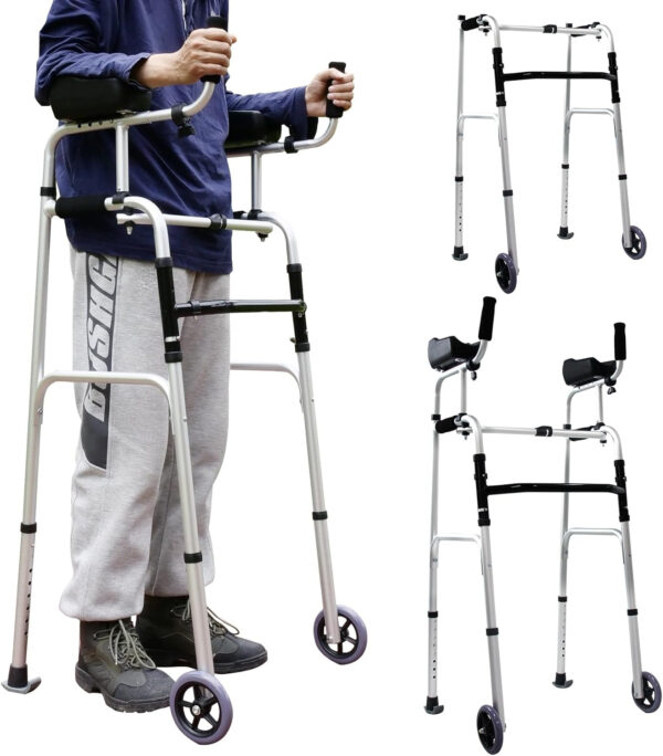 Stand Up Walkers for Seniors with 2 Wheels, 8 Height-Adjustable, Platform Walker with Arm Support, Folding Platform Walker for The Elderly, Disabled Black