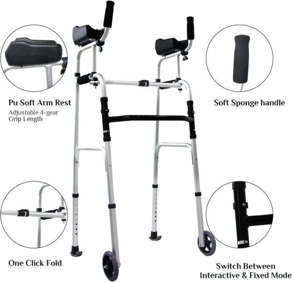 Stand Up Walkers for Seniors with 2 Wheels, 8 Height-Adjustable, Platform Walker with Arm Support, Folding Platform Walker for The Elderly, Disabled Black