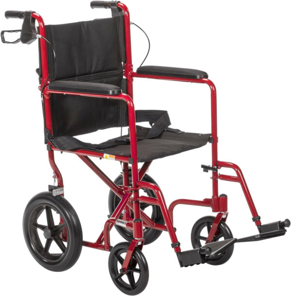 Drive Medical EXP19LTRD Lightweight Expedition Folding Transport Wheelchair with Hand Brakes, Ultra Lightweight Transport Chair for Seniors and Adults, Red