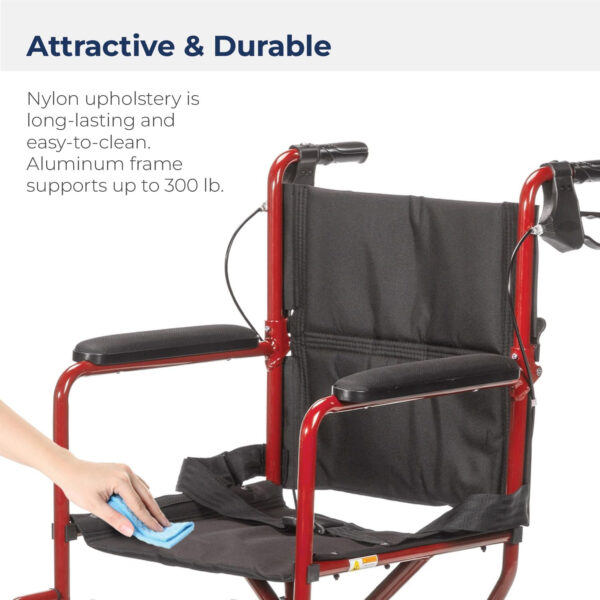 Drive Medical EXP19LTRD Lightweight Expedition Folding Transport Wheelchair with Hand Brakes, Ultra Lightweight Transport Chair for Seniors and Adults, Red