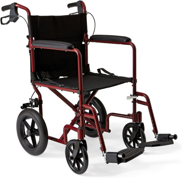 Medline Lightweight Foldable Transport Wheelchair with Handbrakes and 12-Inch Wheels, Red Frame, Black Upholstery