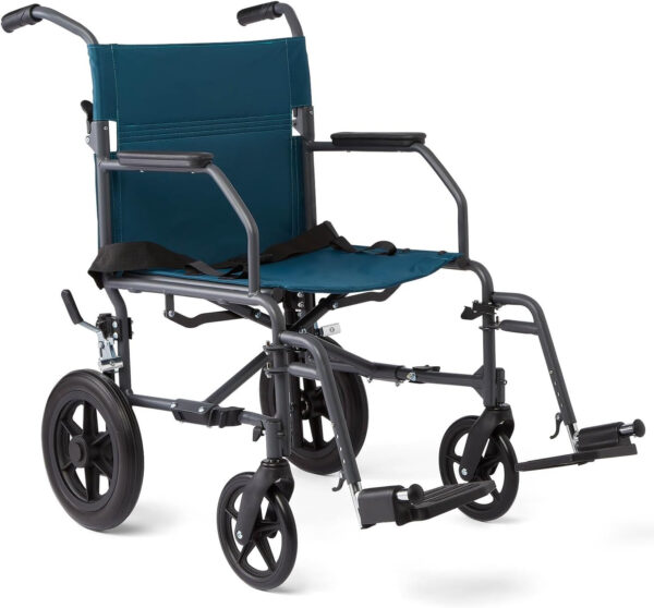 Medline Durable Folding Steel Transport Wheelchair with 12-Inch Wheels, 19-Inch Seat Width, Gray Frame, Microban, Teal Upholstery