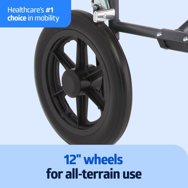 Medline Durable Folding Steel Transport Wheelchair with 12-Inch Wheels, 19-Inch Seat Width, Gray Frame, Microban, Teal Upholstery