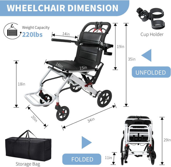 Lightweight Transport Wheelchair with Telescopic Handle, Folding Travel Wheelchairs for Adults Seniors Kids, Portable Padded Transport Chair with Travel Bag, Support 200lbs