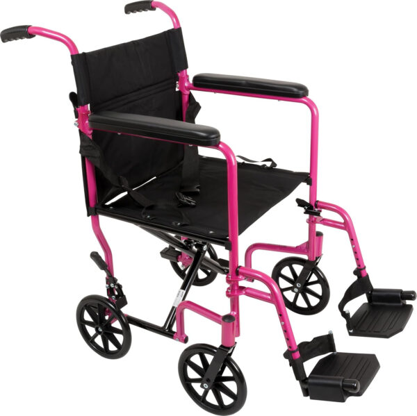 ProBasics Transport Wheelchair Lightweight Foldable With 19 inch Seat – Folding Transport Chair with Foot Rests, Foldable Wheel Chair and Lightweight Folding Wheelchair, Pink