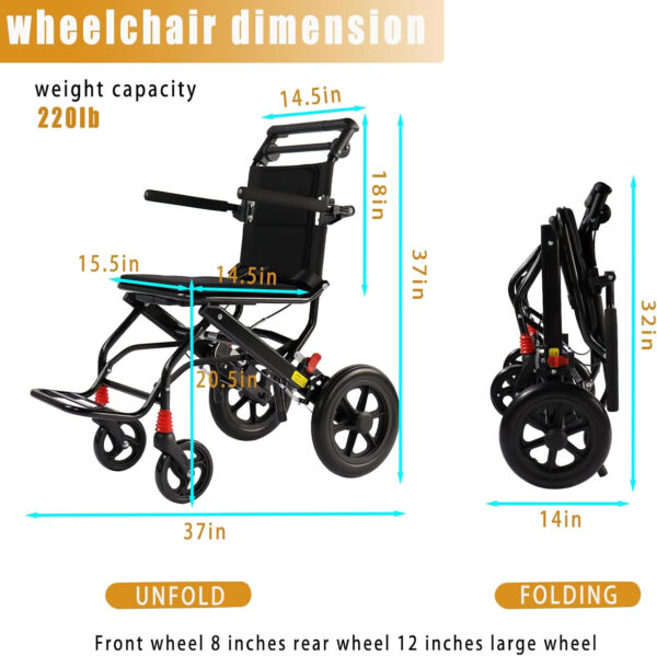 (Seat Width:16″) Ultralight Lightweight Folding Wheelchair, Transport Wheelchair for Adults Support 220lbs with Foldable Pedals and Flip-Backs Arms, Handbrake & Storage Bag (12 inch PU Rear Wheel)