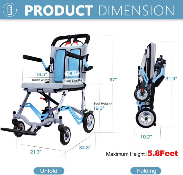 Folding Transport Wheelchair for Seniors Weight Only 19lbs，Lightweight Wheelchairs for Adults Support 220lbs Blue